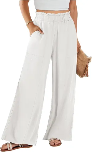 Wide Leg Dress Pants for Women Elastic Waist Loose Fit Work Pants Casual High Waisted Dressy Trousers with Pockets