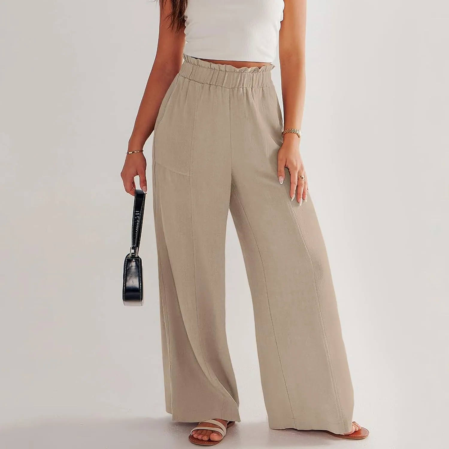 Wide Leg Dress Pants for Women Elastic Waist Loose Fit Work Pants Casual High Waisted Dressy Trousers with Pockets