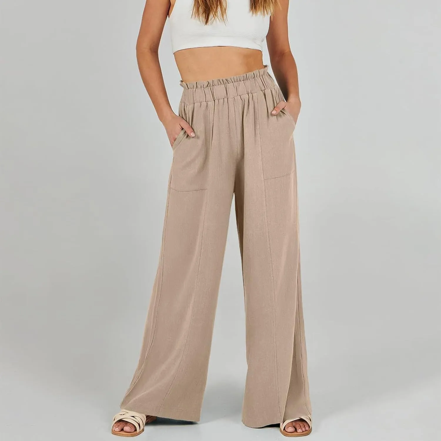 Wide Leg Dress Pants for Women Elastic Waist Loose Fit Work Pants Casual High Waisted Dressy Trousers with Pockets