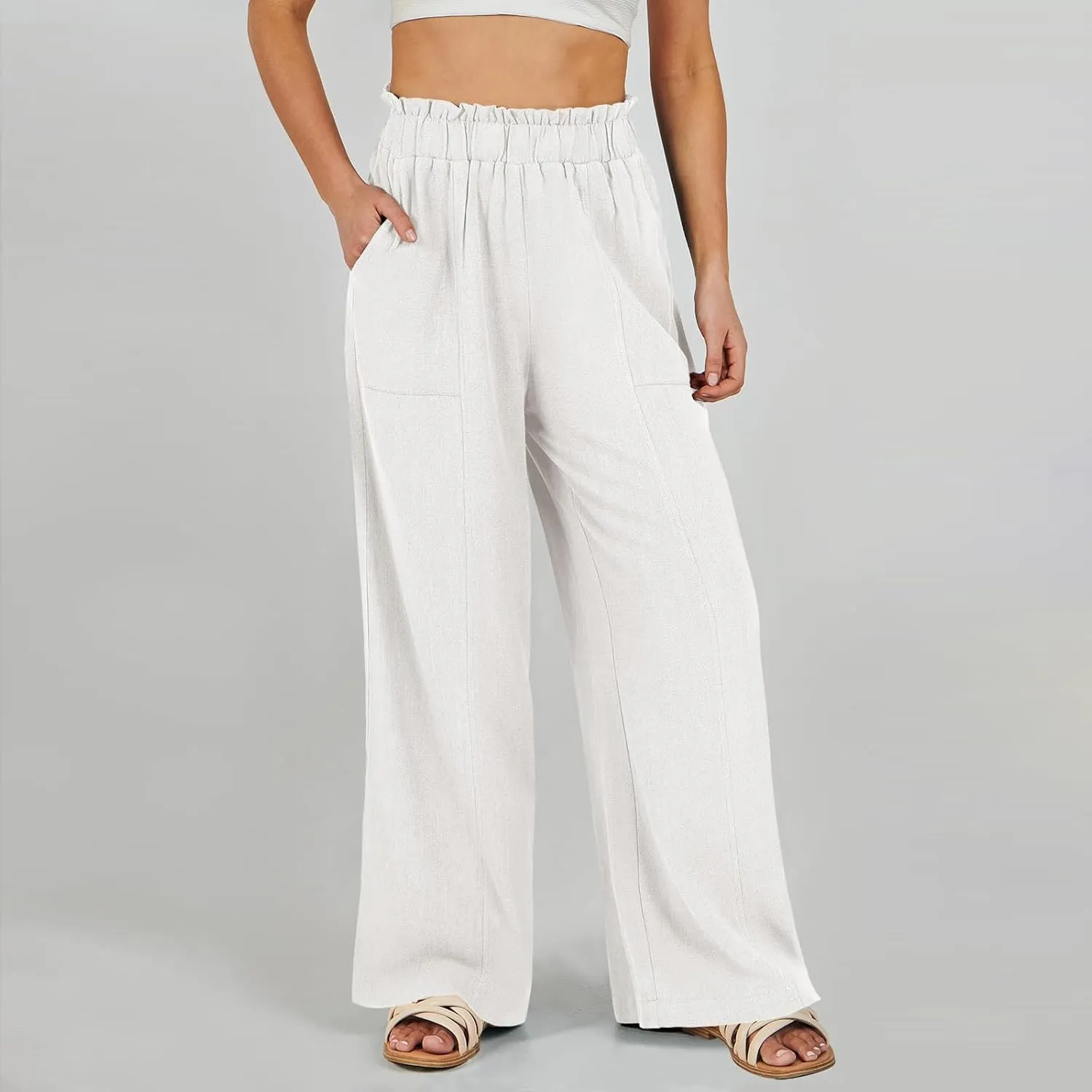Wide Leg Dress Pants for Women Elastic Waist Loose Fit Work Pants Casual High Waisted Dressy Trousers with Pockets