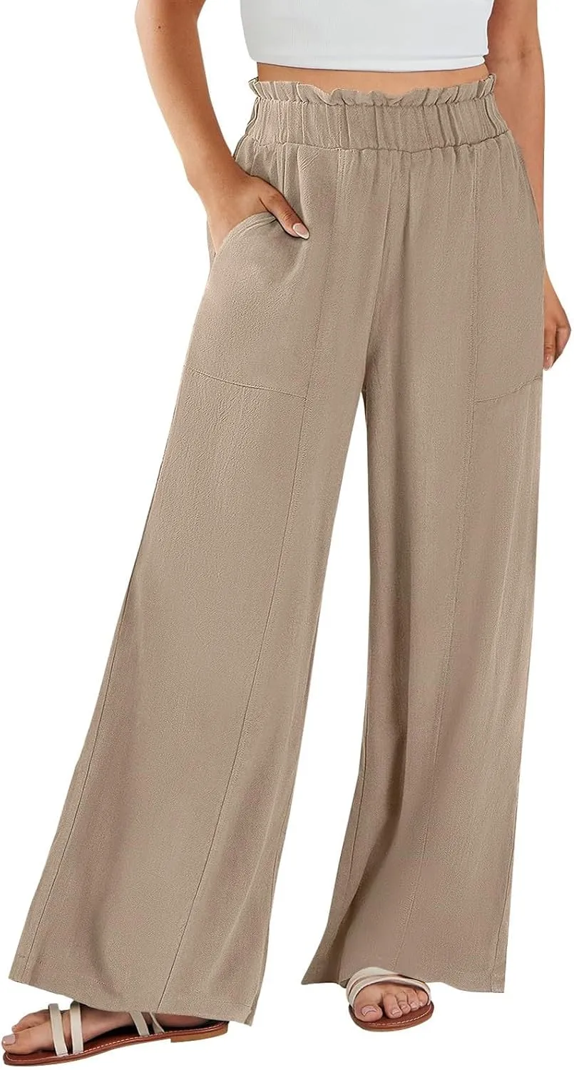Wide Leg Dress Pants for Women Elastic Waist Loose Fit Work Pants Casual High Waisted Dressy Trousers with Pockets