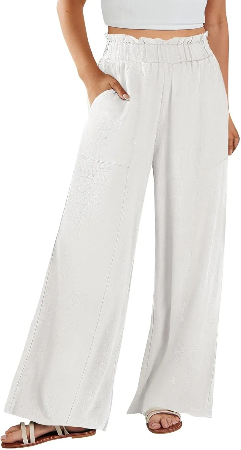Wide Leg Dress Pants for Women Elastic Waist Loose Fit Work Pants Casual High Waisted Dressy Trousers with Pockets