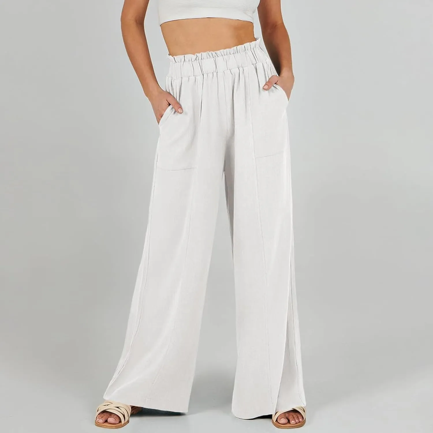 Wide Leg Dress Pants for Women Elastic Waist Loose Fit Work Pants Casual High Waisted Dressy Trousers with Pockets