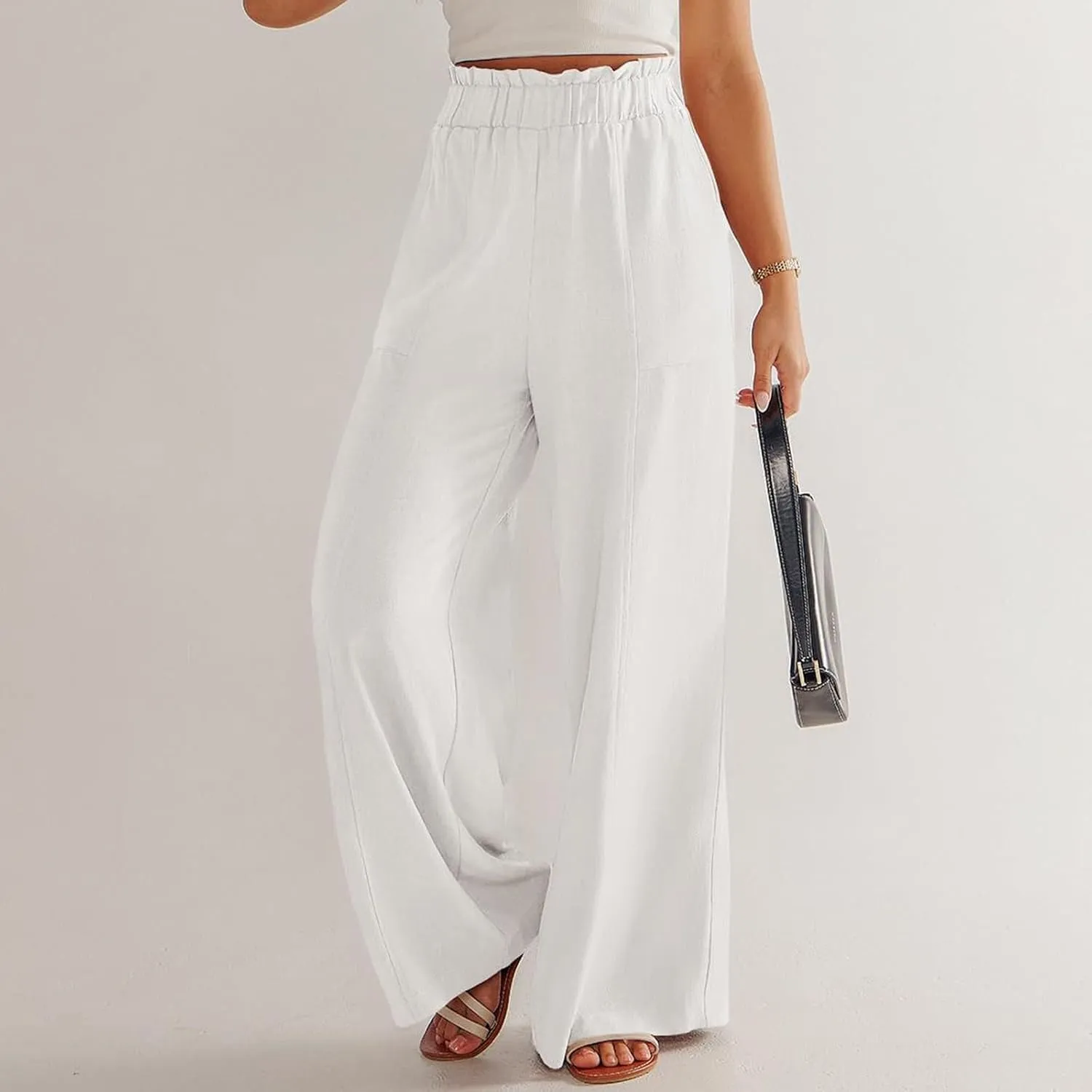 Wide Leg Dress Pants for Women Elastic Waist Loose Fit Work Pants Casual High Waisted Dressy Trousers with Pockets