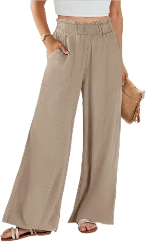 Wide Leg Dress Pants for Women Elastic Waist Loose Fit Work Pants Casual High Waisted Dressy Trousers with Pockets