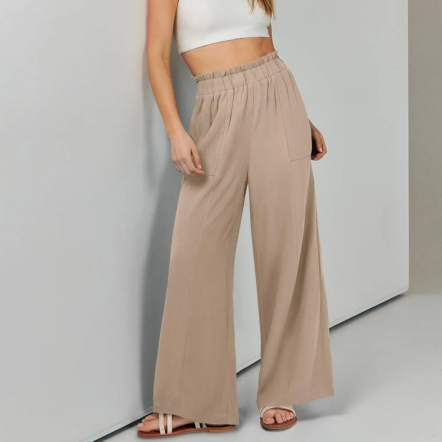Wide Leg Dress Pants for Women Elastic Waist Loose Fit Work Pants Casual High Waisted Dressy Trousers with Pockets