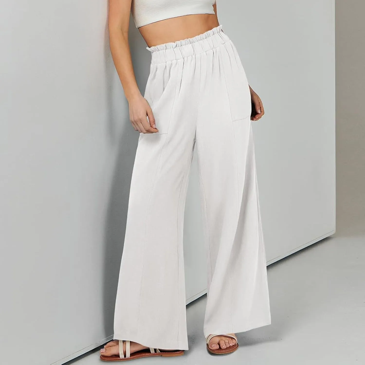 Wide Leg Dress Pants for Women Elastic Waist Loose Fit Work Pants Casual High Waisted Dressy Trousers with Pockets