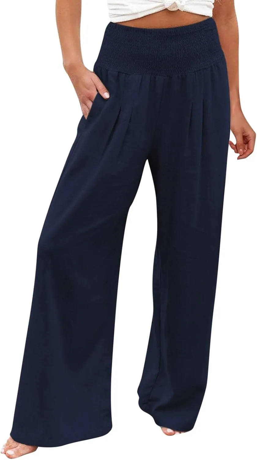Wide Leg Pants for Women High Smocked Waist Comfy Loose Fit Flowy Summer Beach Lightweight Palazzo Trousers with Pockets