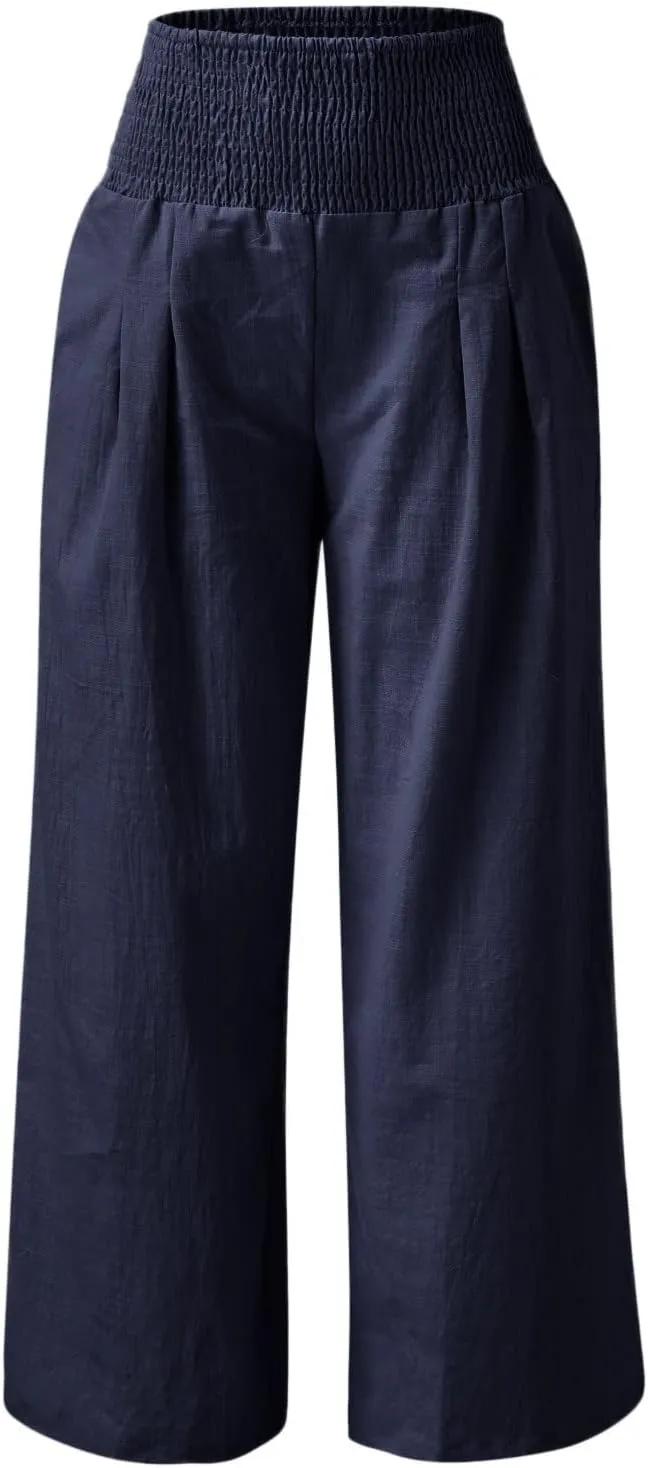 Wide Leg Pants for Women High Smocked Waist Comfy Loose Fit Flowy Summer Beach Lightweight Palazzo Trousers with Pockets