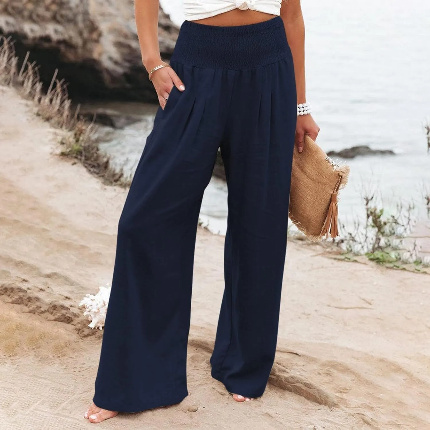 Wide Leg Pants for Women High Smocked Waist Comfy Loose Fit Flowy Summer Beach Lightweight Palazzo Trousers with Pockets