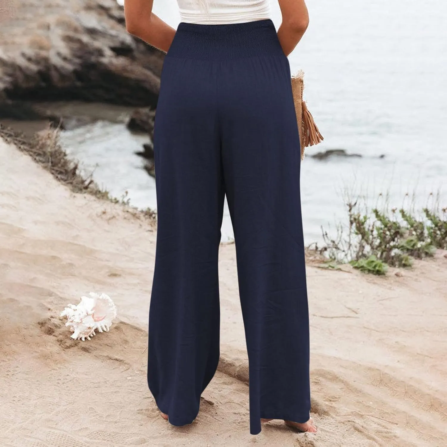 Wide Leg Pants for Women High Smocked Waist Comfy Loose Fit Flowy Summer Beach Lightweight Palazzo Trousers with Pockets