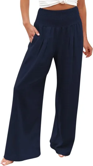Wide Leg Pants for Women High Smocked Waist Comfy Loose Fit Flowy Summer Beach Lightweight Palazzo Trousers with Pockets