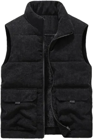 Winter Wool Vest Men Cotton Padded Warm Jacket Sleeveless Coat Stand Collar Waistcoat Corduroy Outwear