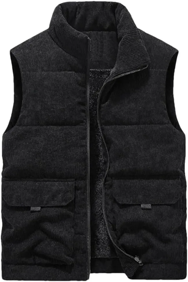 Winter Wool Vest Men Cotton Padded Warm Jacket Sleeveless Coat Stand Collar Waistcoat Corduroy Outwear