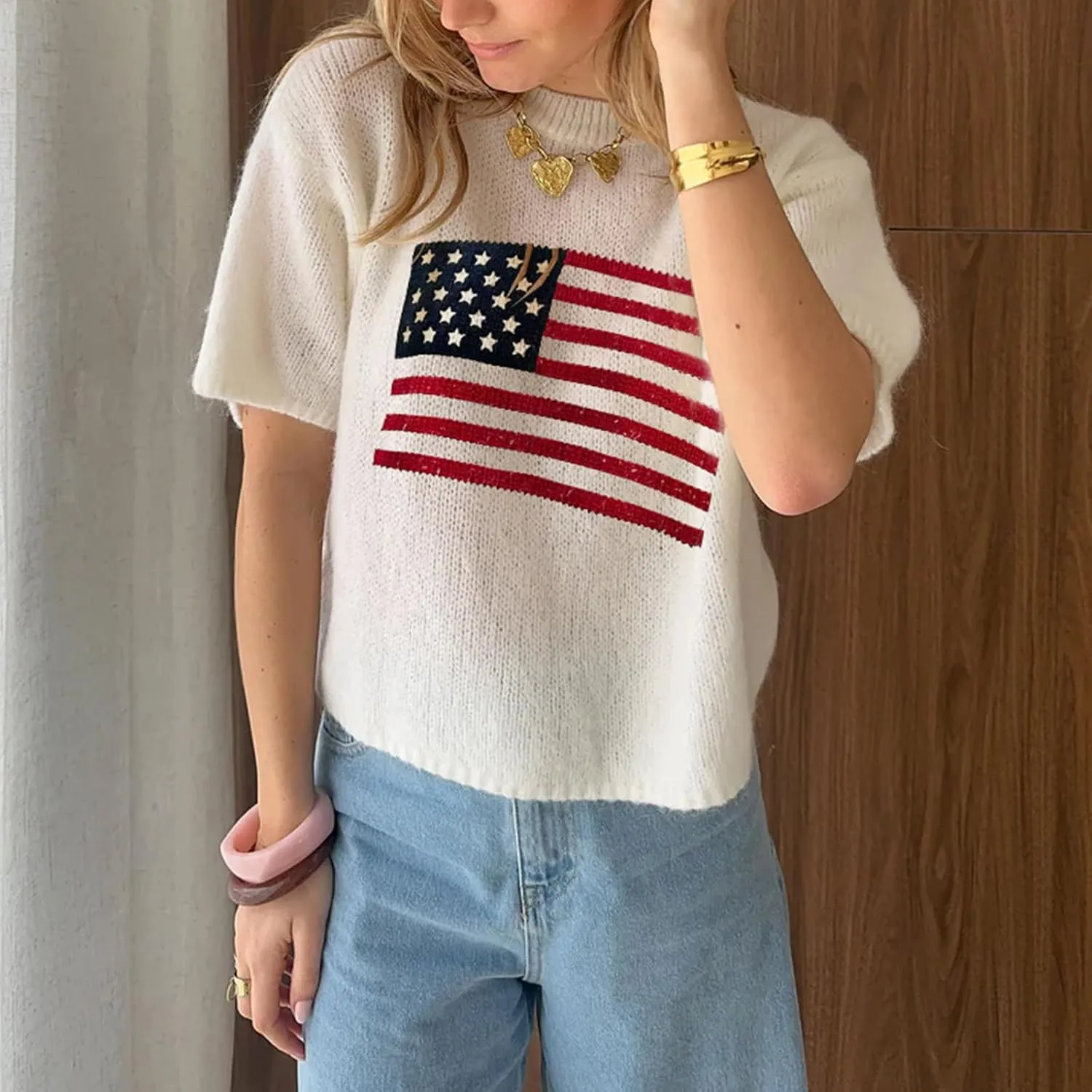 Women American Flag Sweater Short Sleeve Crewneck USA Graphic Patriotic Knit T-Shirt 4th of July Tops