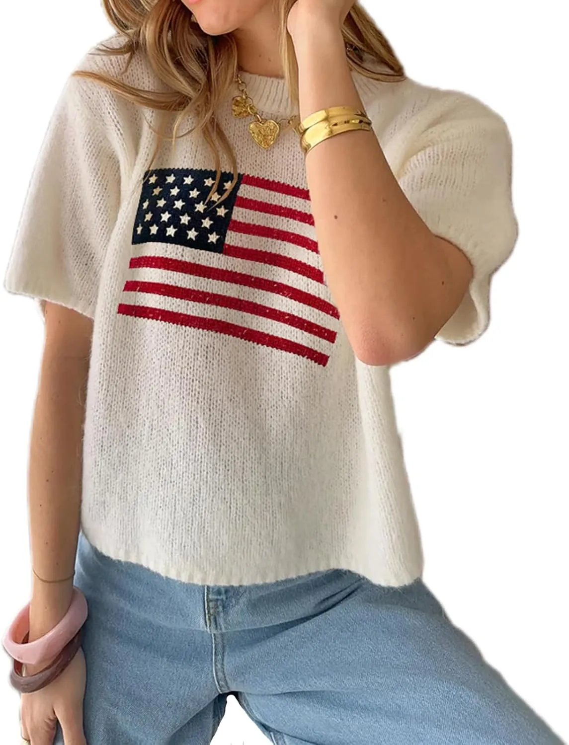 Women American Flag Sweater Short Sleeve Crewneck USA Graphic Patriotic Knit T-Shirt 4th of July Tops