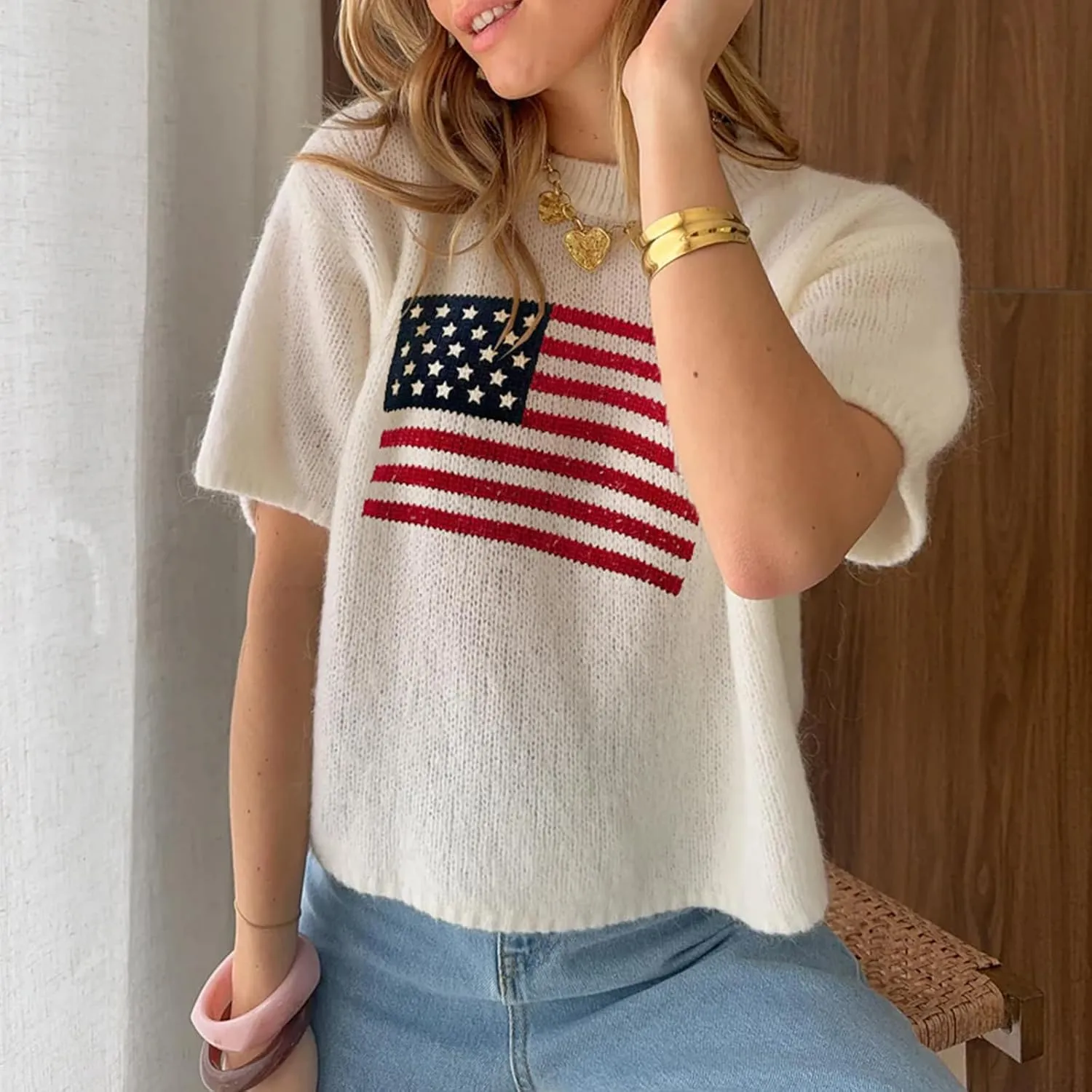 Women American Flag Sweater Short Sleeve Crewneck USA Graphic Patriotic Knit T-Shirt 4th of July Tops