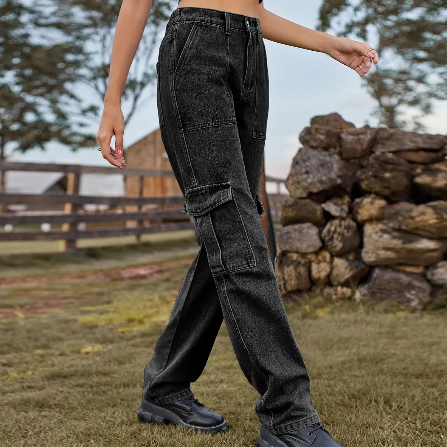 Women Cargo Pants Elastic High Waist Casual Jean Pants Multi Pockets Straight Leg Denim Trouser