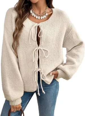 Women Casual Bow Tie Front Cardigan Sweater Solid Crew Neck Long Sleeve Self Tie Open Front Knit Sweater Top Fall