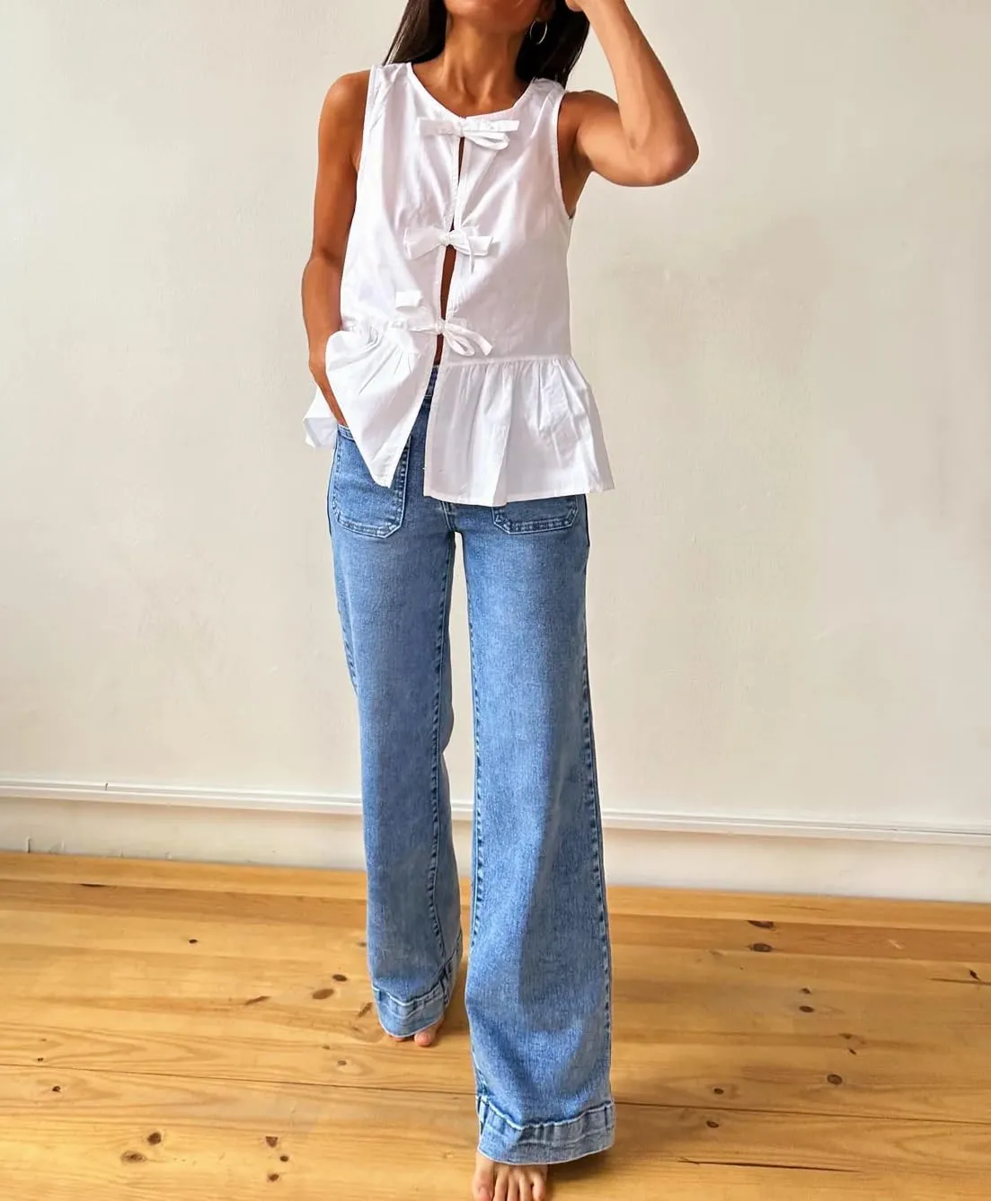 Women Casual Sleeveless Bow Tie Front Peplum Tank Tops Cute Summer Going Out Ruffled Loose Babydoll Blouse Shirts
