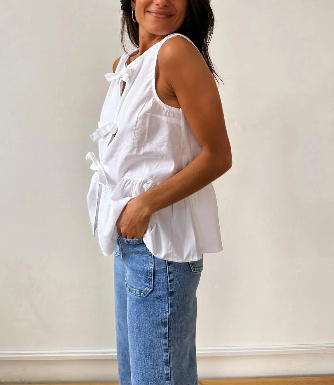 Women Casual Sleeveless Bow Tie Front Peplum Tank Tops Cute Summer Going Out Ruffled Loose Babydoll Blouse Shirts
