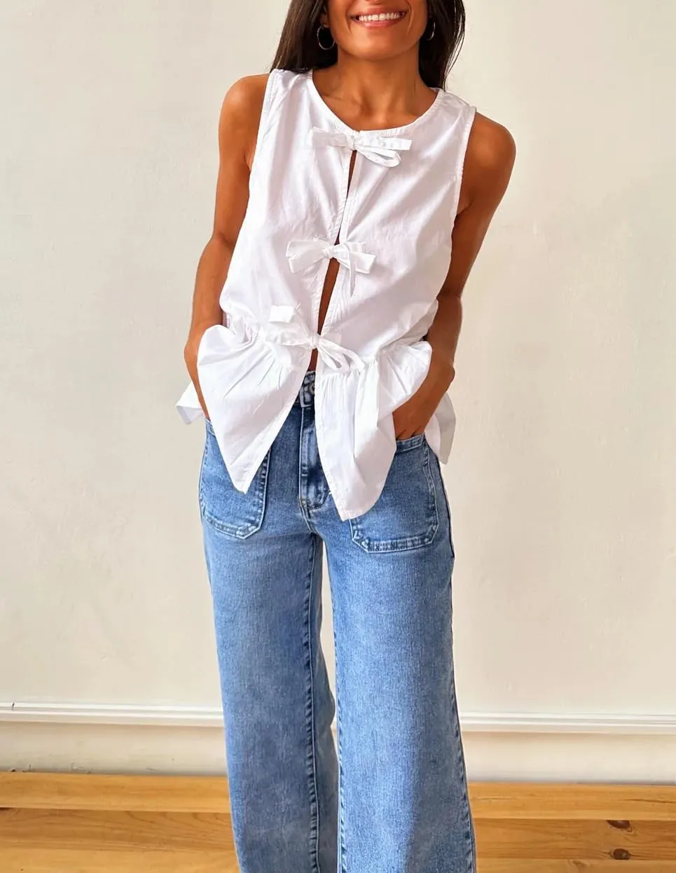 Women Casual Sleeveless Bow Tie Front Peplum Tank Tops Cute Summer Going Out Ruffled Loose Babydoll Blouse Shirts
