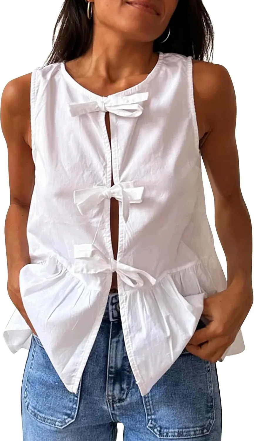 Women Casual Sleeveless Bow Tie Front Peplum Tank Tops Cute Summer Going Out Ruffled Loose Babydoll Blouse Shirts