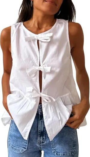 Women Casual Sleeveless Bow Tie Front Peplum Tank Tops Cute Summer Going Out Ruffled Loose Babydoll Blouse Shirts