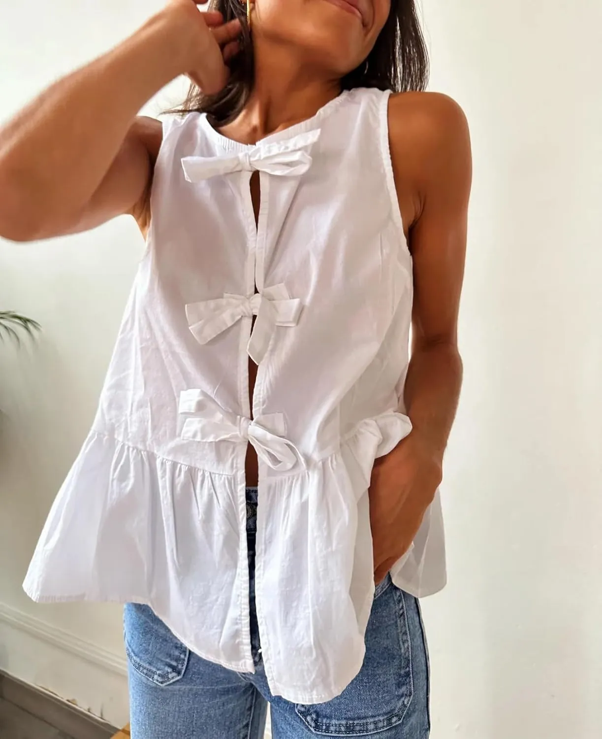 Women Casual Sleeveless Bow Tie Front Peplum Tank Tops Cute Summer Going Out Ruffled Loose Babydoll Blouse Shirts