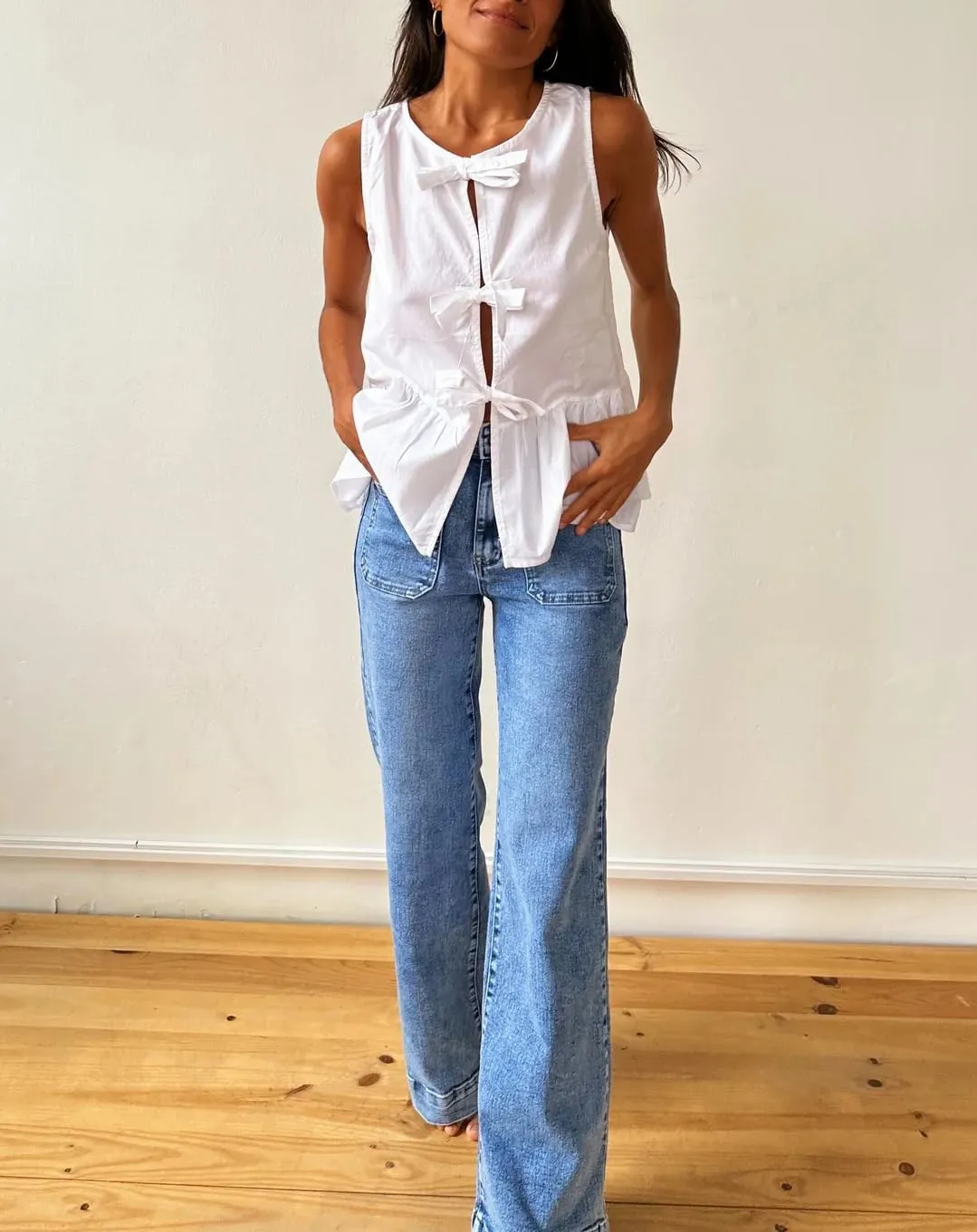 Women Casual Sleeveless Bow Tie Front Peplum Tank Tops Cute Summer Going Out Ruffled Loose Babydoll Blouse Shirts