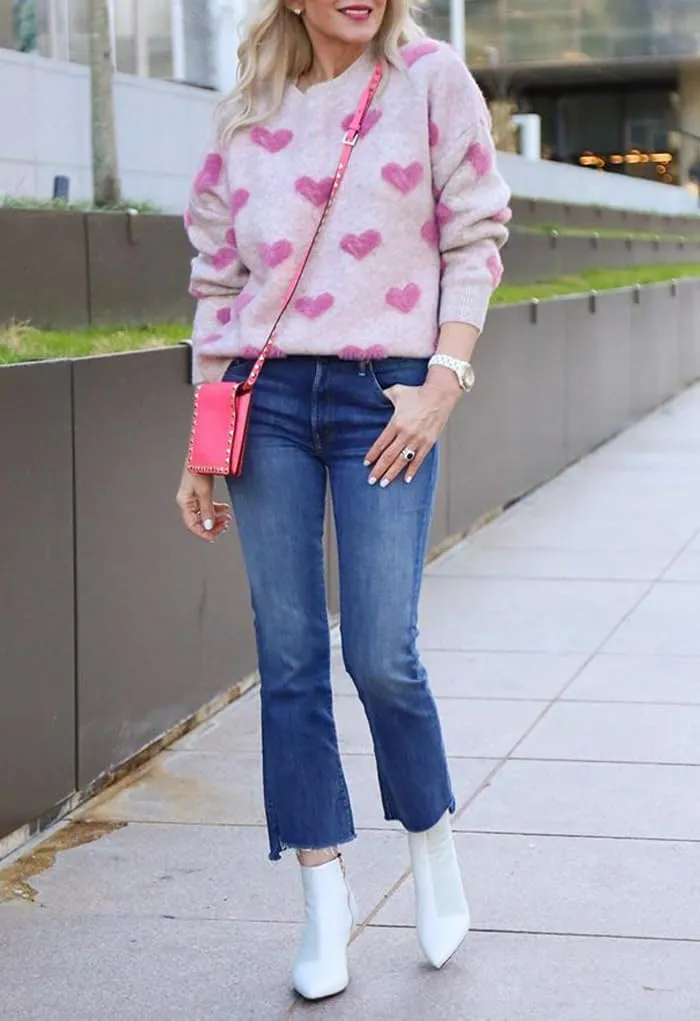 Women Cute Valentine Heart Graphic Jumper V-Neck Embroidery Knitted Loose Pullover Sweater Tops