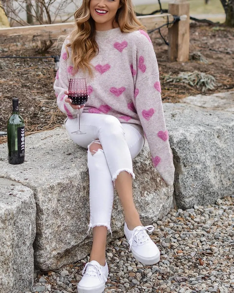 Women Cute Valentine Heart Graphic Jumper V-Neck Embroidery Knitted Loose Pullover Sweater Tops