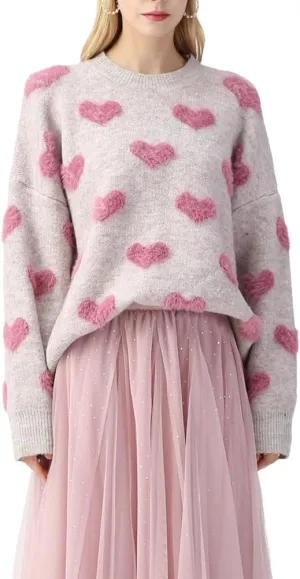 Women Cute Valentine Heart Graphic Jumper V-Neck Embroidery Knitted Loose Pullover Sweater Tops