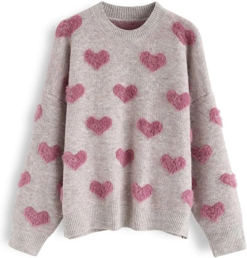 Women Cute Valentine Heart Graphic Jumper V-Neck Embroidery Knitted Loose Pullover Sweater Tops