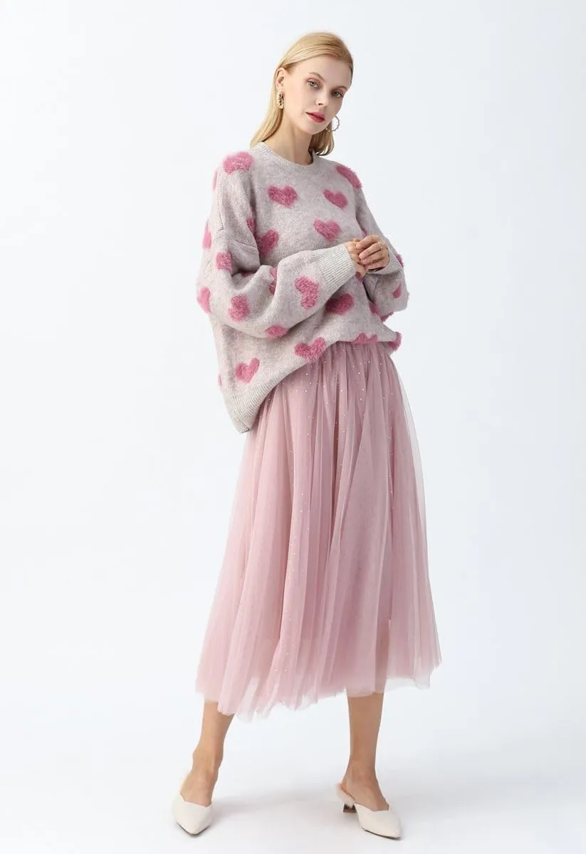 Women Cute Valentine Heart Graphic Jumper V-Neck Embroidery Knitted Loose Pullover Sweater Tops
