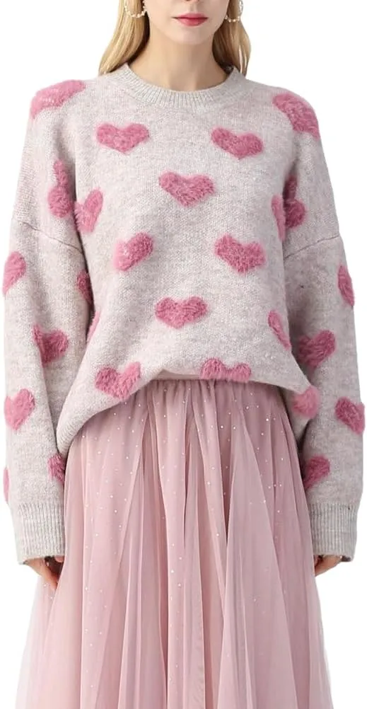 Women Cute Valentine Heart Graphic Jumper V-Neck Embroidery Knitted Loose Pullover Sweater Tops