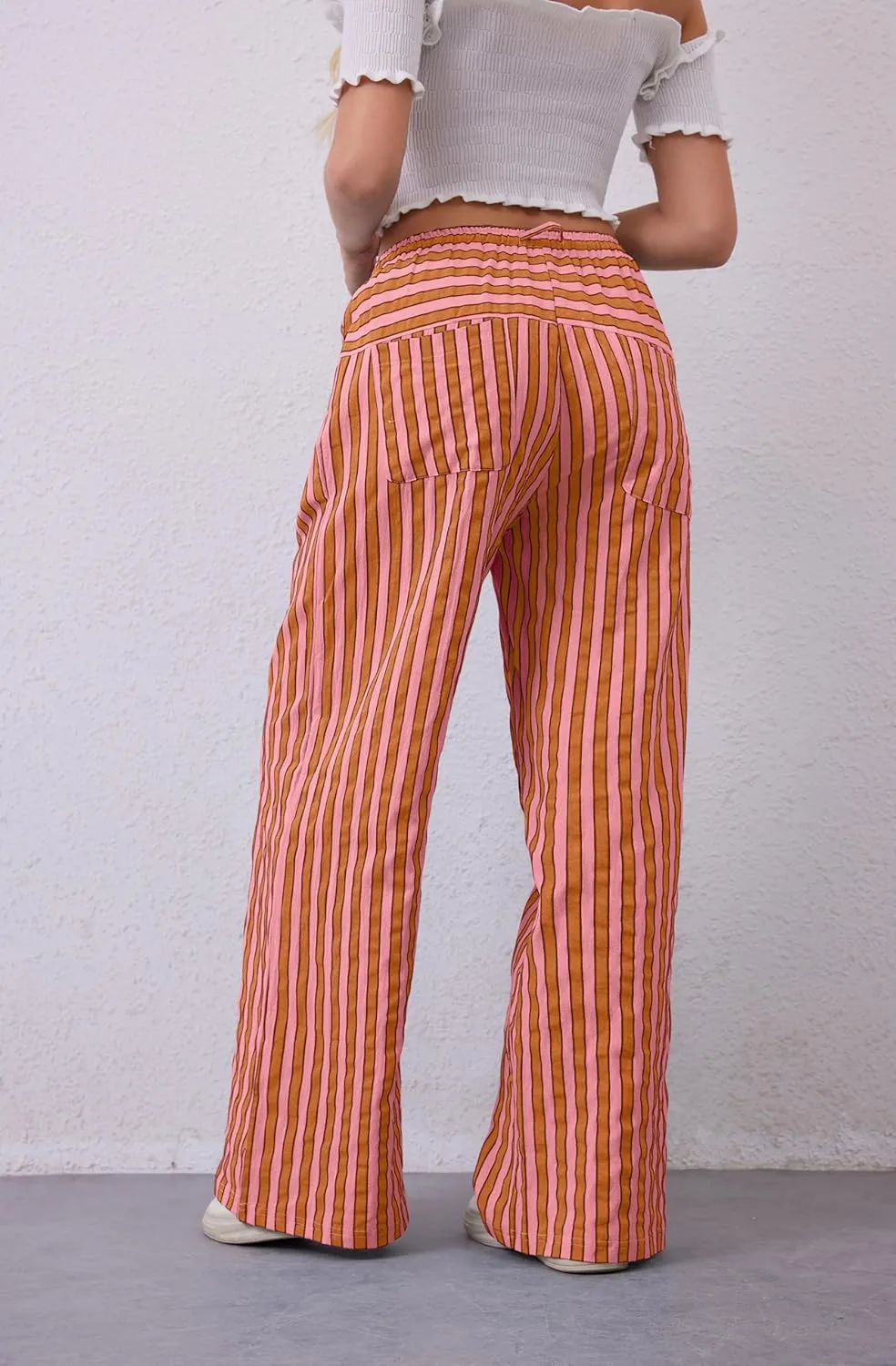Women Drawstring Stripe Wide Leg Casual Trousers Striped Low Rise Casual Loose Lounge Pants with Pockets