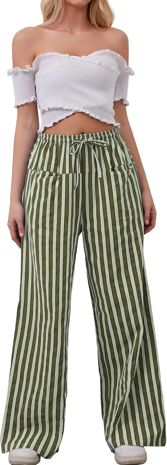 Women Drawstring Stripe Wide Leg Casual Trousers Striped Low Rise Casual Loose Lounge Pants with Pockets