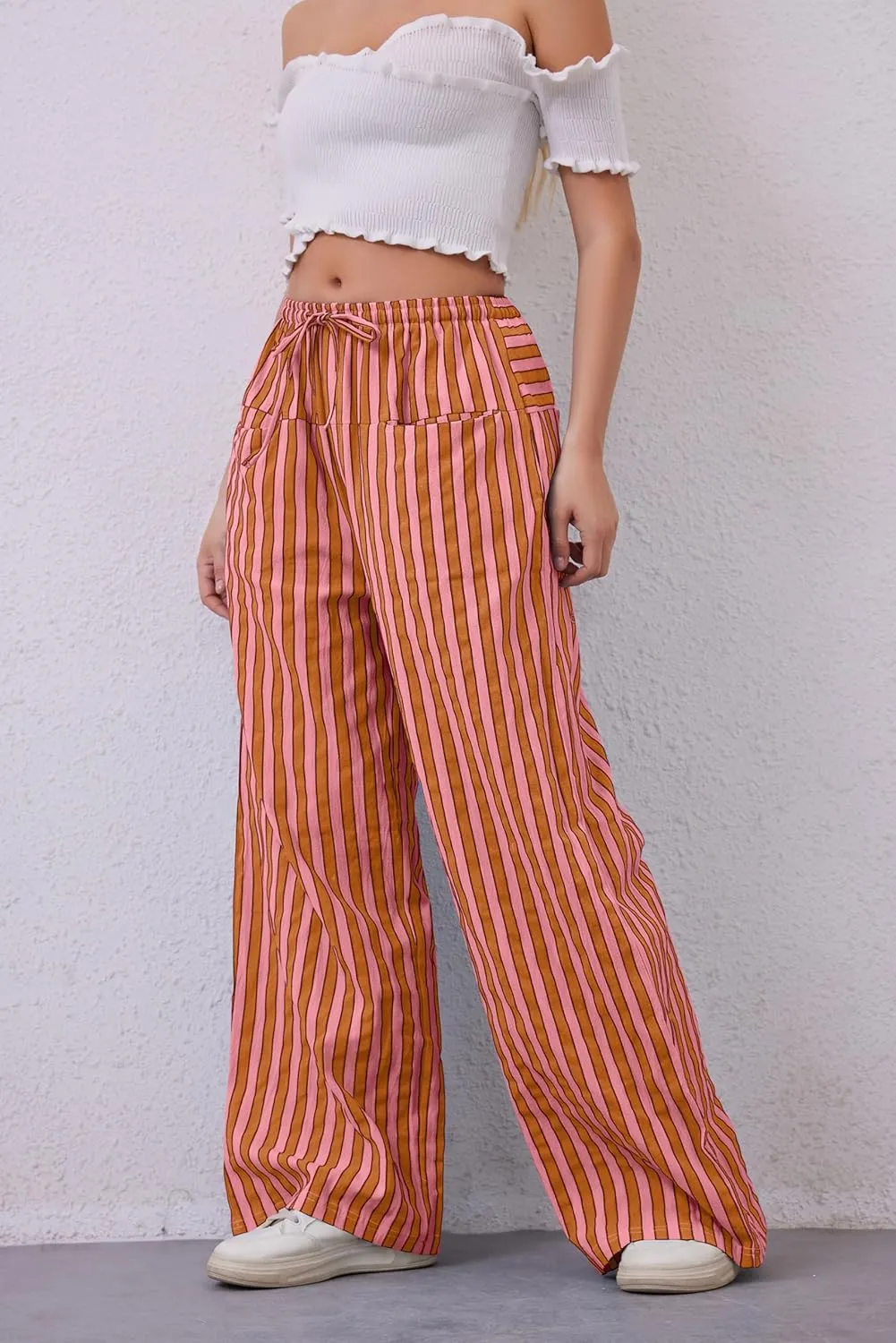 Women Drawstring Stripe Wide Leg Casual Trousers Striped Low Rise Casual Loose Lounge Pants with Pockets