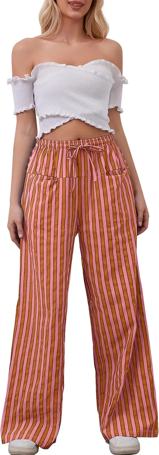 Women Drawstring Stripe Wide Leg Casual Trousers Striped Low Rise Casual Loose Lounge Pants with Pockets