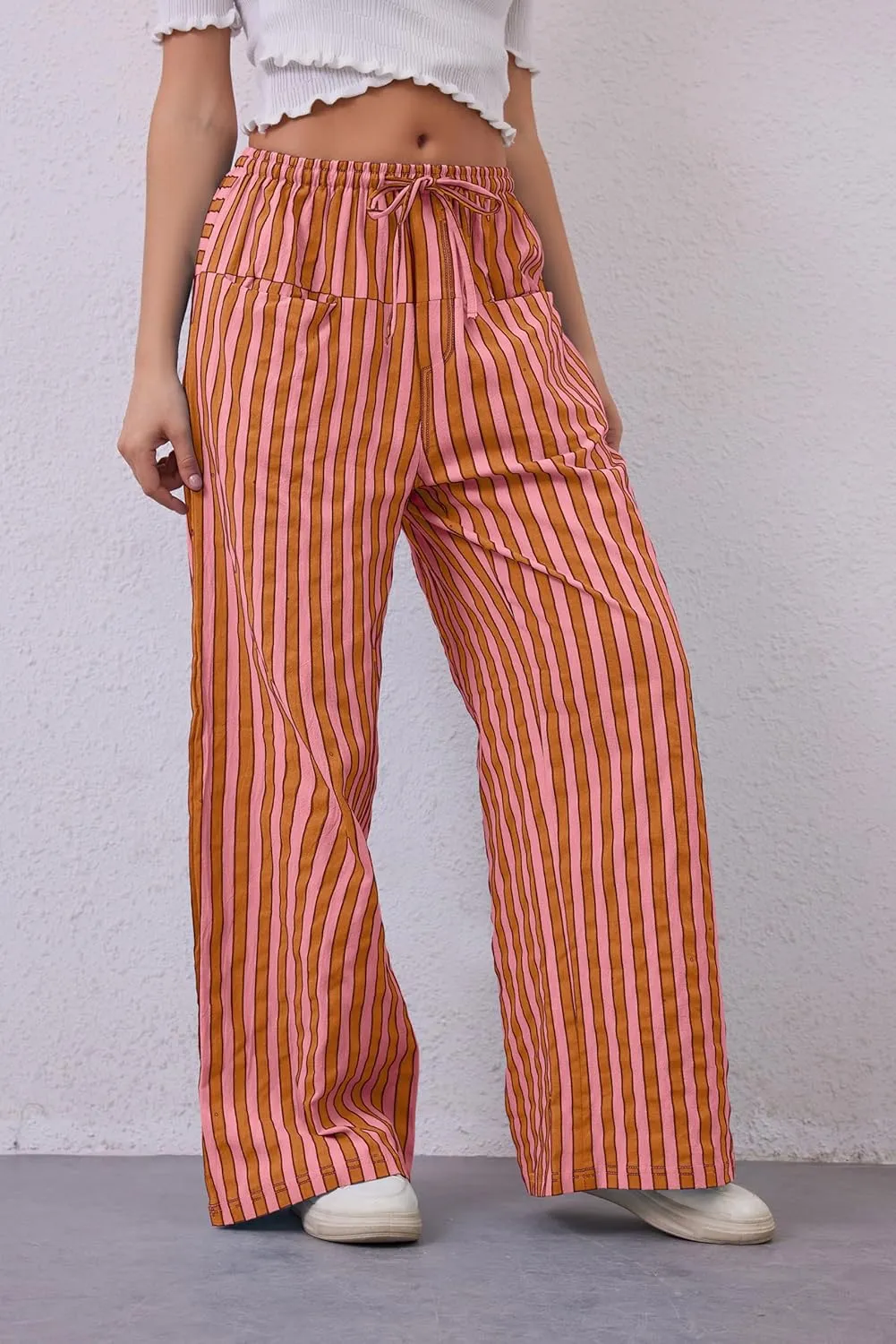 Women Drawstring Stripe Wide Leg Casual Trousers Striped Low Rise Casual Loose Lounge Pants with Pockets