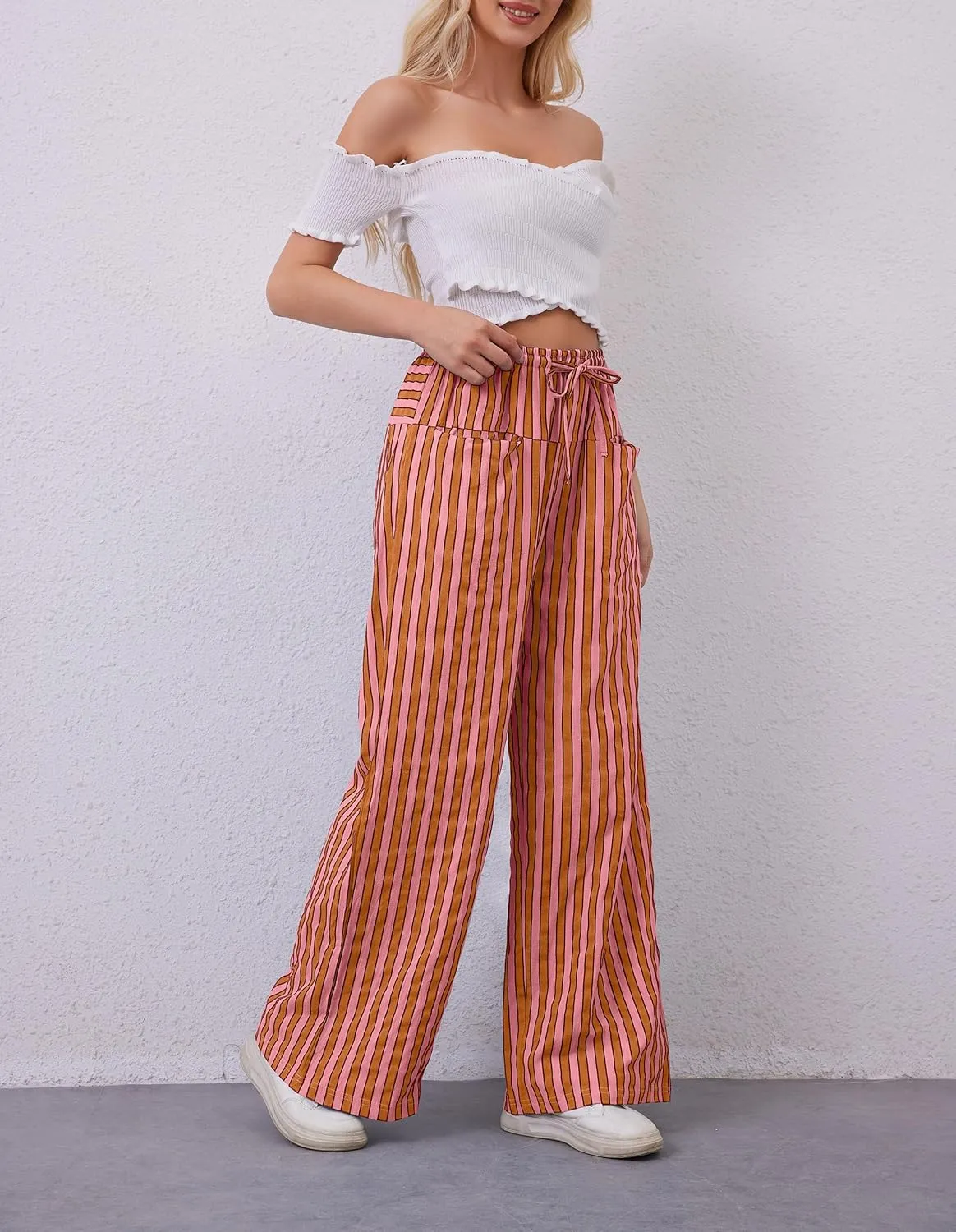 Women Drawstring Stripe Wide Leg Casual Trousers Striped Low Rise Casual Loose Lounge Pants with Pockets