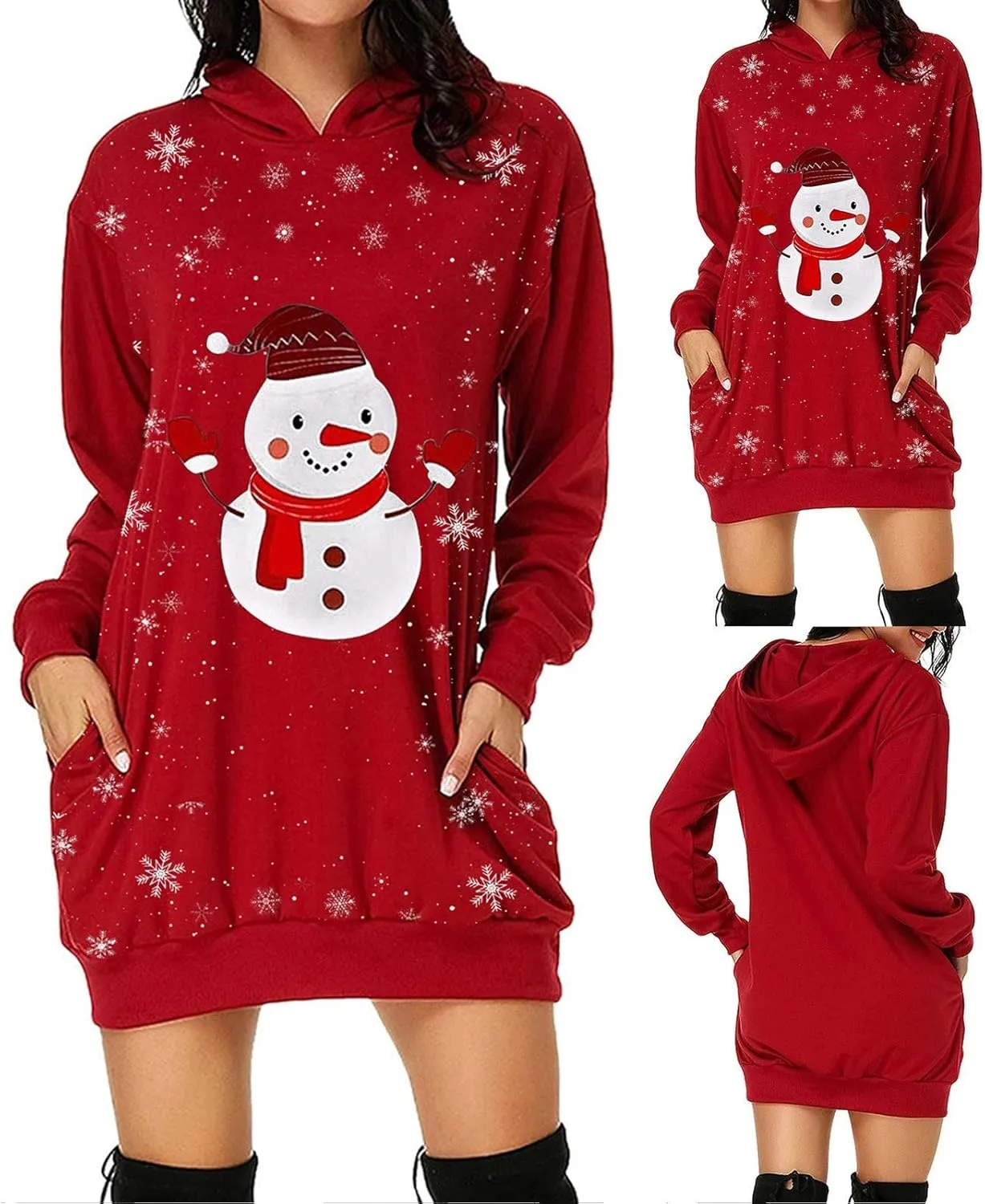 Women Dresses Christmas Print Casual Long Sleeve Solid Color Hooded Pullover Elegant Holiday Night Out Dress Plus Size