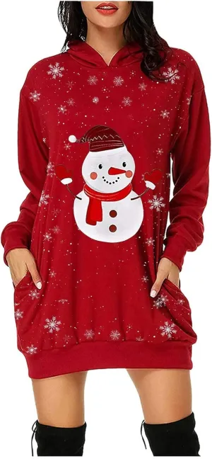 Women Dresses Christmas Print Casual Long Sleeve Solid Color Hooded Pullover Elegant Holiday Night Out Dress Plus Size