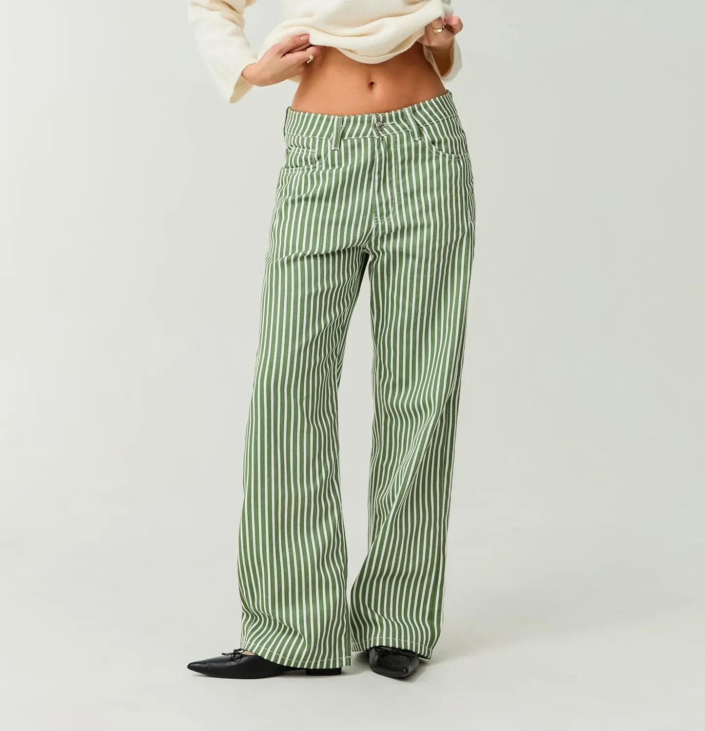 Women Fashion Striped Jeans Y2k High Waist Wide Leg Denim Pants Casual Baggy Boyfriend Trousers with Pockets