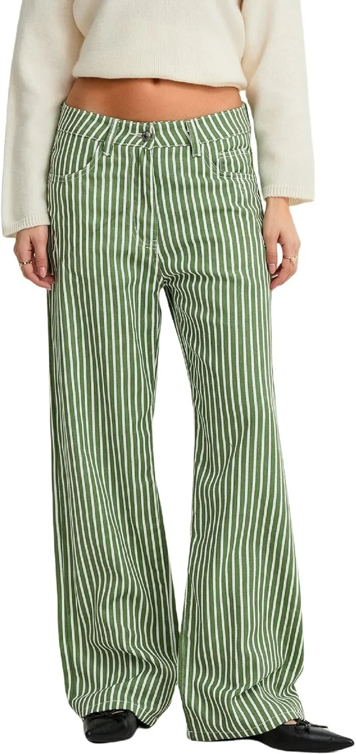 Women Fashion Striped Jeans Y2k High Waist Wide Leg Denim Pants Casual Baggy Boyfriend Trousers with Pockets