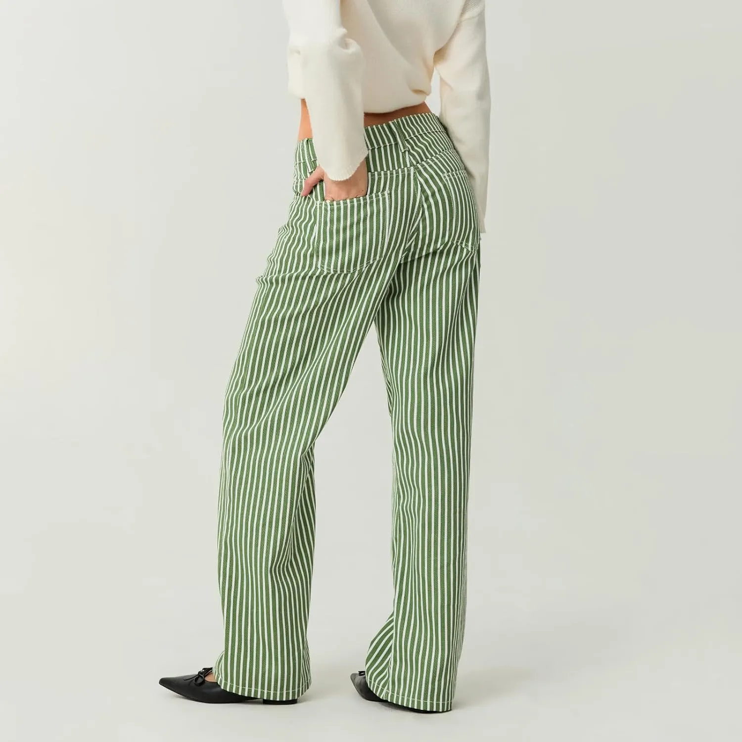 Women Fashion Striped Jeans Y2k High Waist Wide Leg Denim Pants Casual Baggy Boyfriend Trousers with Pockets