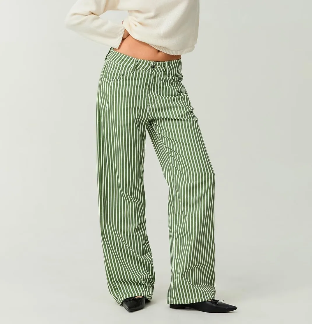 Women Fashion Striped Jeans Y2k High Waist Wide Leg Denim Pants Casual Baggy Boyfriend Trousers with Pockets