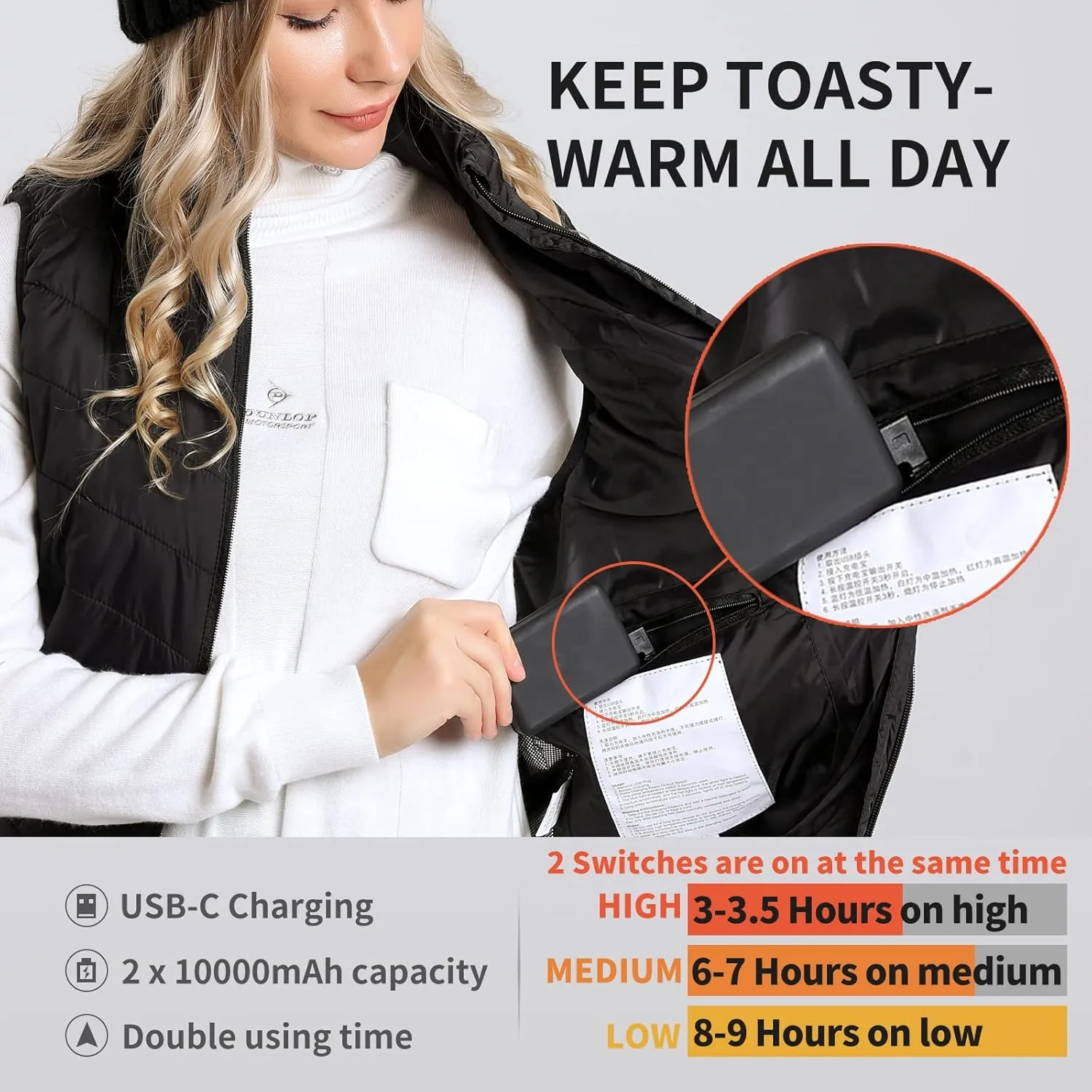 Women heated vest with 2pack 10000mAh Power Bank, 2 Button Control Rechargeable 8 Zones Heating vest