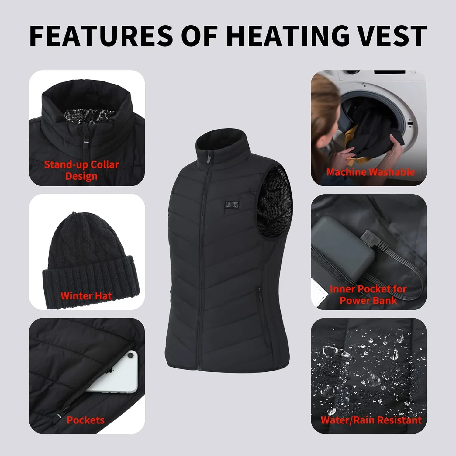 Women heated vest with 2pack 10000mAh Power Bank, 2 Button Control Rechargeable 8 Zones Heating vest